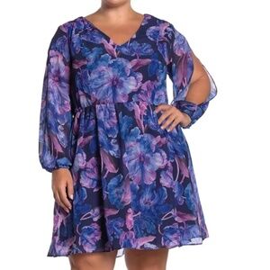 Dress-1X Alexia Admor Mini Floral Chiffon Long Slit Sleeves V-Neck Plus Size NWT